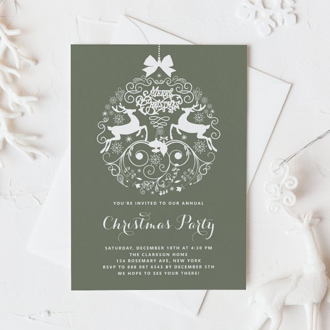 Invitation Soirée de Noël Ornat Festif Vert (Taupe Green Festive Ornate Ornament Christmas Party Invitation)