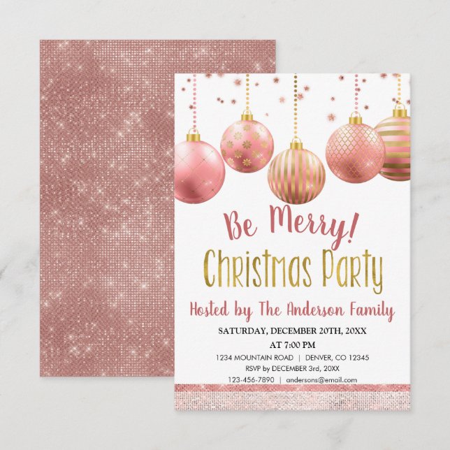 Invitation Soirée de Noël Ornement d'or rose (Devant / Derrière)