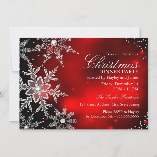 Invitation Soirée de Noël Red Sparkel Snowflake (Devant)