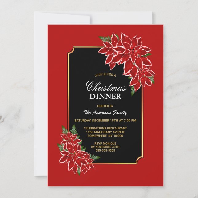Invitation Soirée de Noël Rouge Poinsettia (Devant)