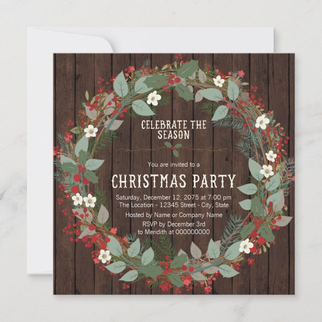 Invitation Soirée de Noël Rustique Holly Wreath (Devant)