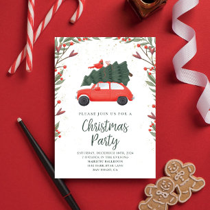 Invitation Soirée de Noël Snowy Pine Tree & Red Car