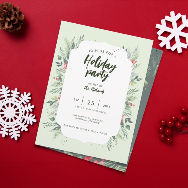 Invitation Soirée de Noël sur le thème du feuillage botanique (Botanical Foliage-themed Christmas Dinner Party Invitation)