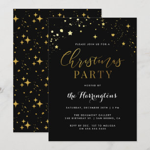 Invitation Soirée de Noël tendance Black & Gold Star Confetti