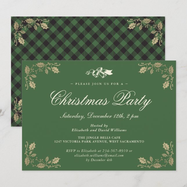 Invitation Soirée de Noël Vert Plat Or (Devant / Derrière)
