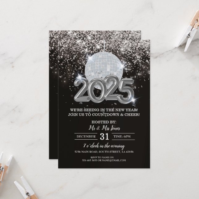 Invitation Soirée de Nouvel An Noir et Argent (Devant/Arrière en situation)