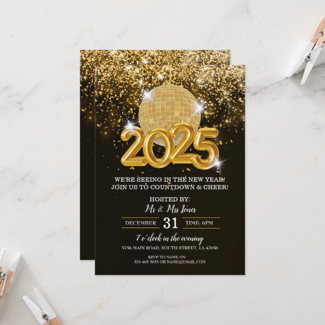 Invitation Soirée de Nouvel An Noir et Or (Devant/Arrière en situation)