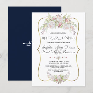 Invitation Soirée de répétition de cadre doré aux Fleurs blan