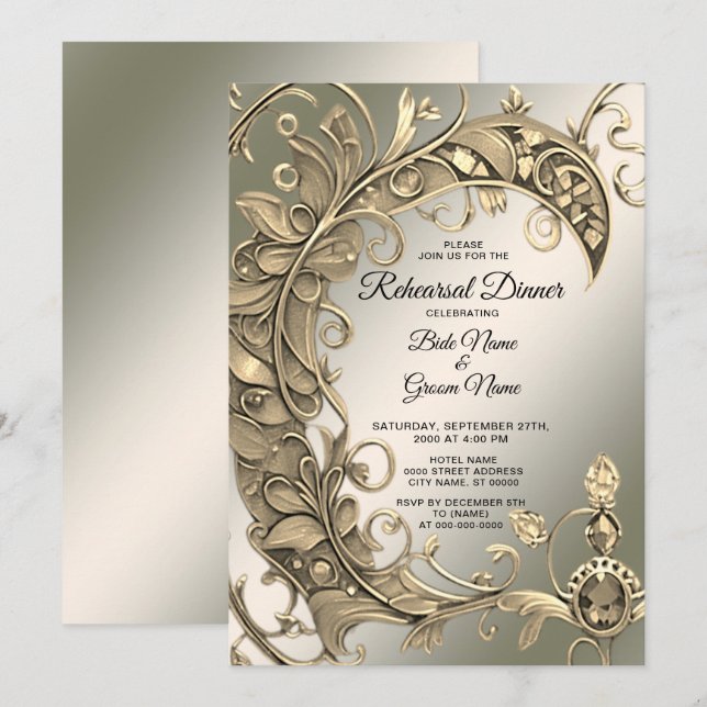Invitation Soirée de répétition décorative or moderne élégant (Devant / Derrière)