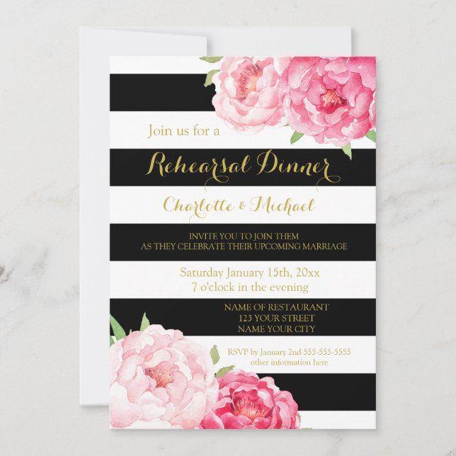 Invitation Soirée de répétition florale rose noir (Devant)