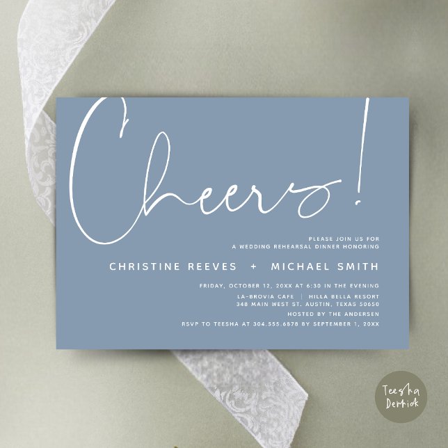 Invitation Soirée de répétition Mariage (Cheers, Wedding Rehearsal Dinner Invitation Card, PDF, Modern Minimalist, in Dusty Blue)