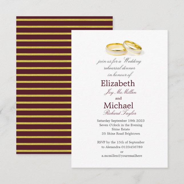 Invitation Soirée de répétition Mariage or Burgundy (Devant / Derrière)