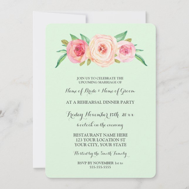 Invitation Soirée de répétition verte rose (Dos)