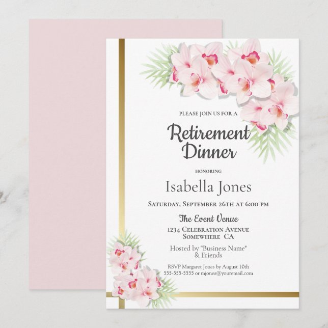 Invitation Soirée de Retraite Florale Rose et Or (Devant / Derrière)