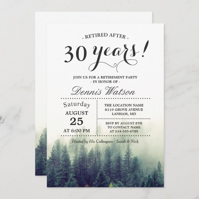 Invitation Soirée de retraite stylish Chic Forest Pine Trees (Devant / Derrière)