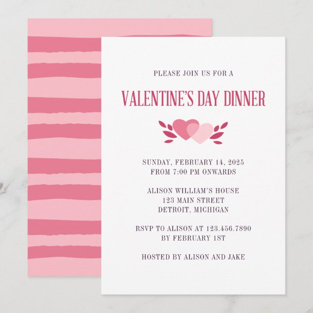 Invitation Soirée de Saint Valentin élégante à deux coeurs ro (Devant / Derrière)
