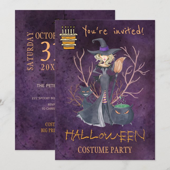 Invitation Soirée de sorcière tendance Halloween aquarelle (Devant / Derrière)