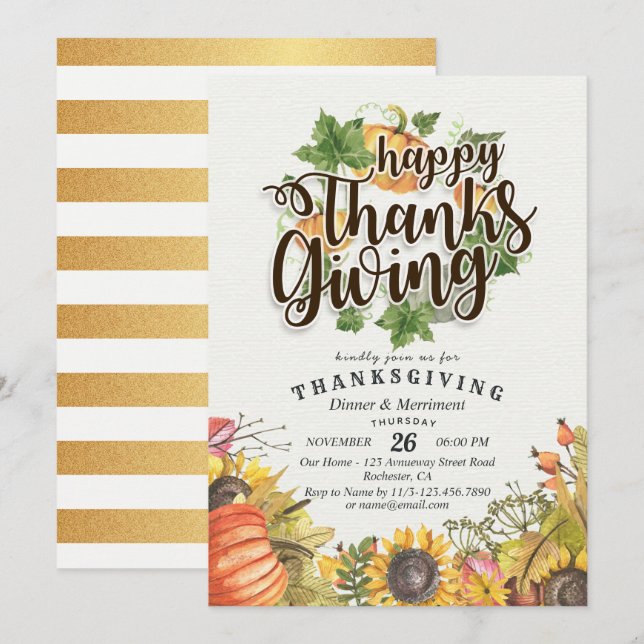 Invitation Soirée de Thanksgiving Chic Feuille d'automne (Devant / Derrière)