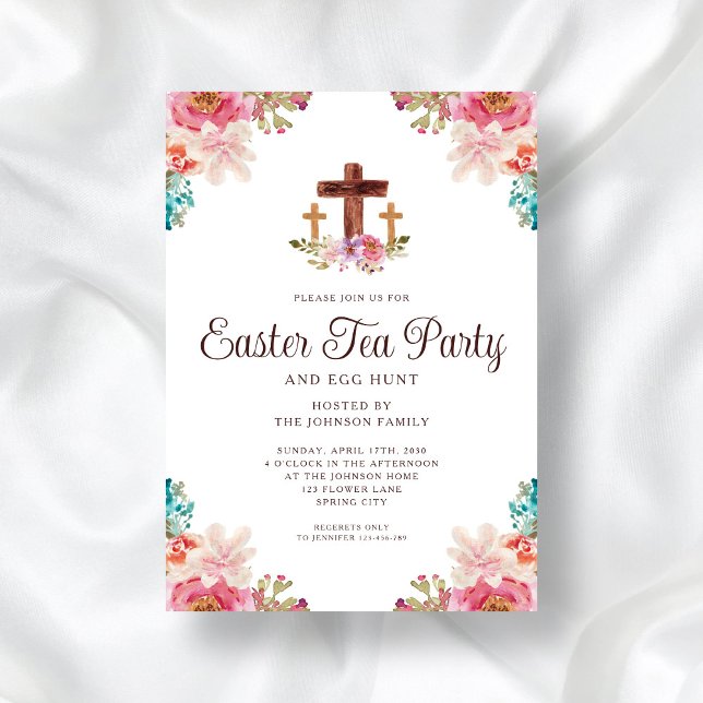 Invitation Soirée de Thé de la Croix Florale Pâques (Elegant Floral Cross Tea Party Easter Invitation)