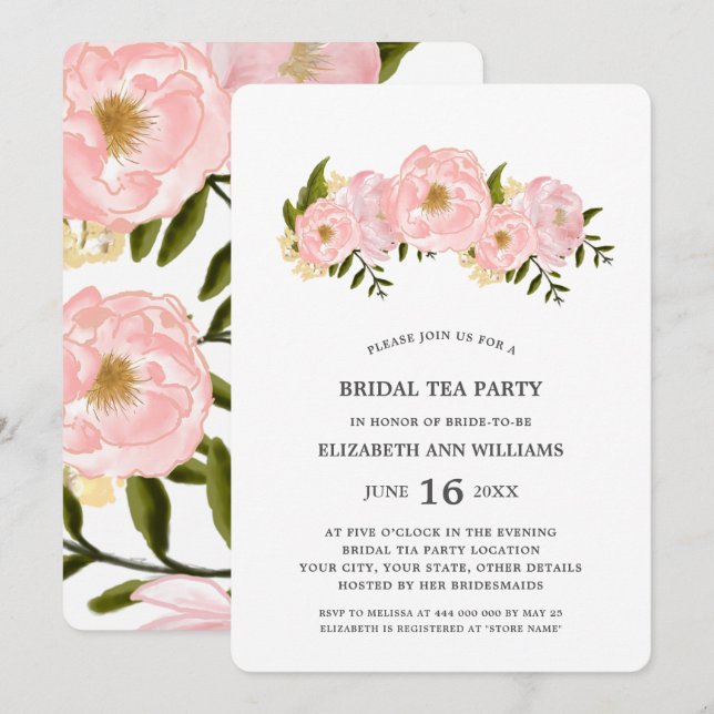 Invitation Soirée de thé de mariée aux pivoines roses (Devant / Derrière)