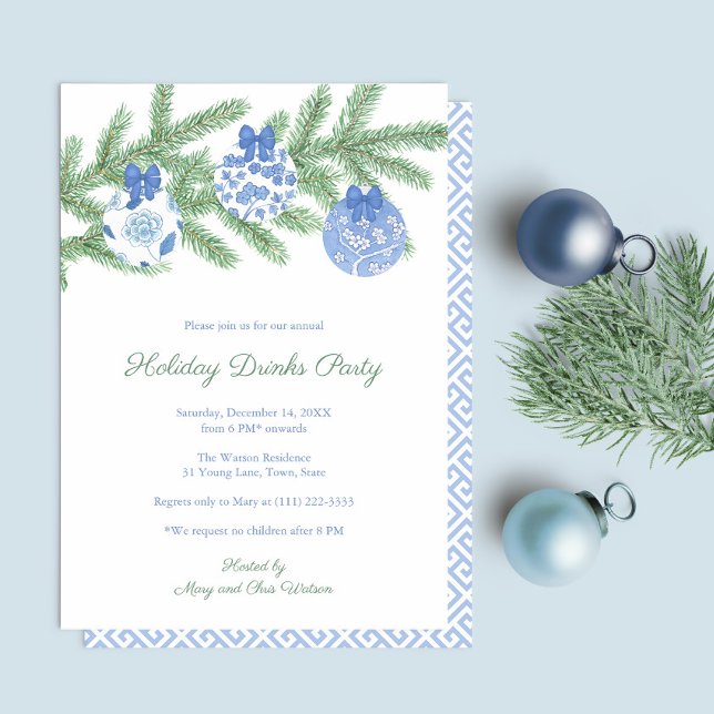 Invitation Soirée De Vacances Bleu Et Blanc (Simple elegant blue and white chinoiserie Holiday Drinks Party invitation)