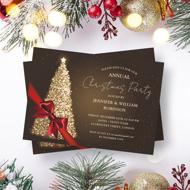 Invitation Soirée de vacances Elegant Gold Xmas Tree Ribbon (Elegant Gold Xmas Tree Ribbon Holiday Party Invitation)