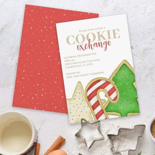 Invitation Soirée d'échange de biscuits de Noël (Cookie exchange holiday Christmas cookie cutout invitations. )