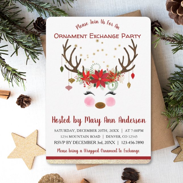 Invitation Soirée d'échange d'ornement de Noël de Cute Reinde (Créateur téléchargé)
