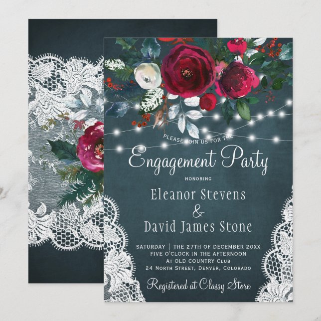 Invitation Soirée d'engagement rustique florale d'hiver éléga (Devant / Derrière)