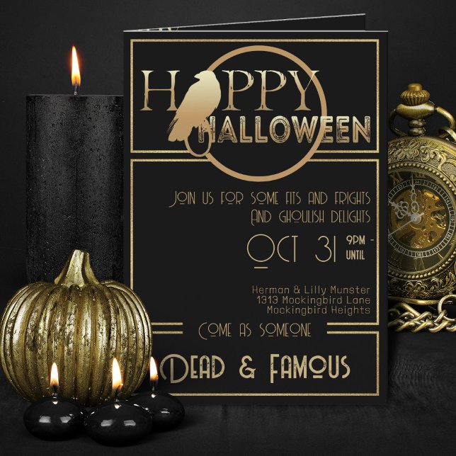 Invitation Soirée d'Halloween Adulte Elégante Black Gold (elegant black and gold folded Halloween invitations)