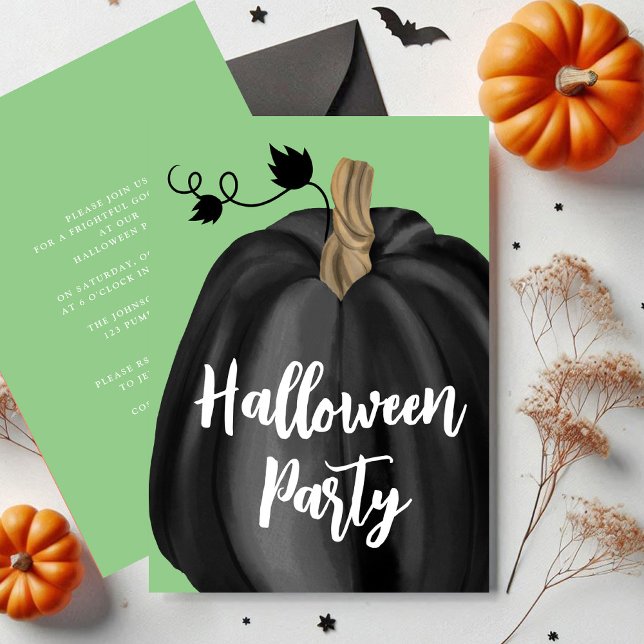 Invitation Soirée d'Halloween Citrouille à script vert mignon (Cute Green Script Pumpkin Halloween Party Invitation)