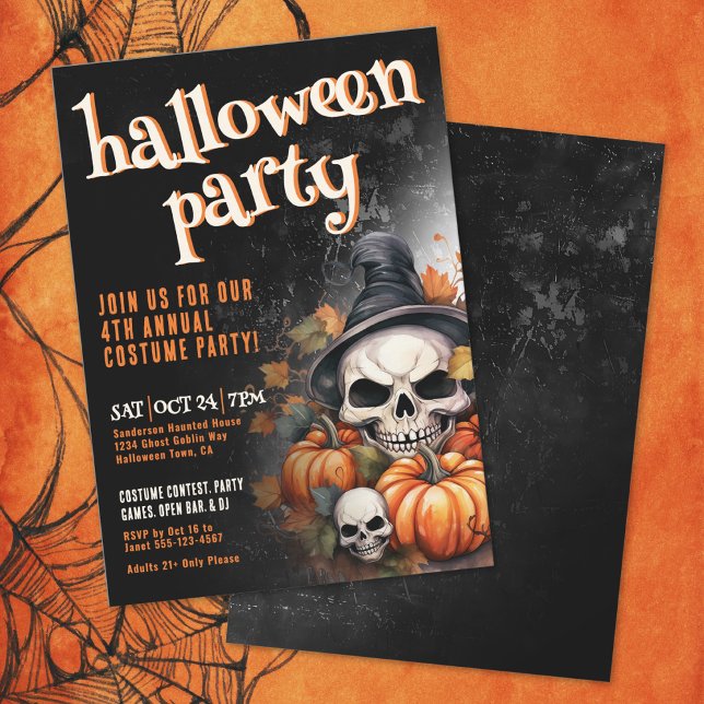 Invitation Soirée d'Halloween Citrouille Crâne (Pumpkin Skull Halloween Party Invitation)