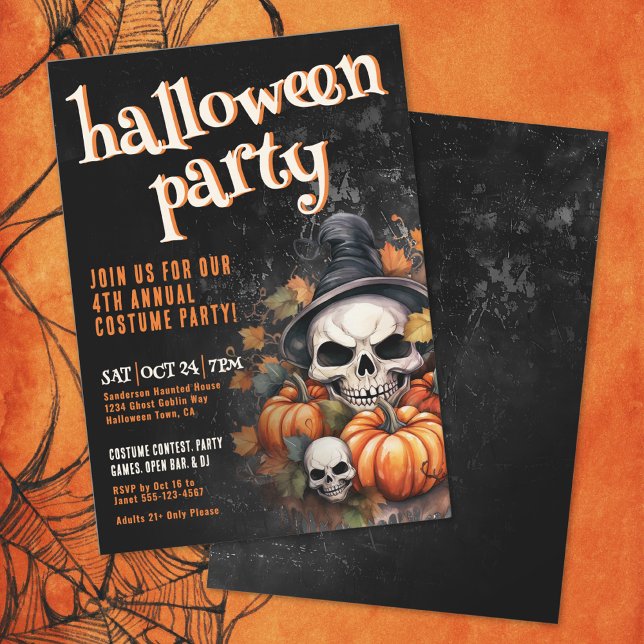 Invitation Soirée d'Halloween Citrouille Crâne (Pumpkin Skull Halloween Party Invitation)