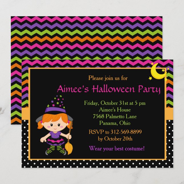 Invitation Soirée d'Halloween de fille sorcière mignonne (Devant / Derrière)