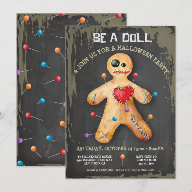 Invitation Soirée d'Halloween de poupée vaudou (Devant / Derrière)