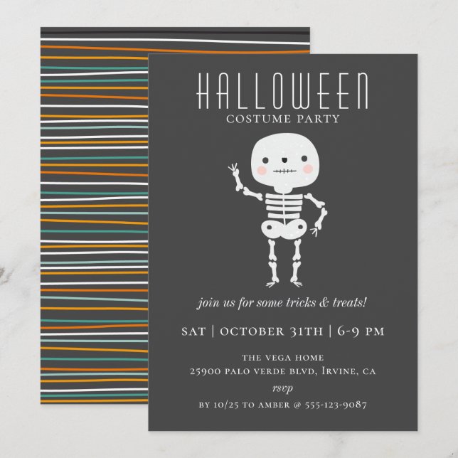 Invitation Soirée d'Halloween de Squelette mignon (Devant / Derrière)
