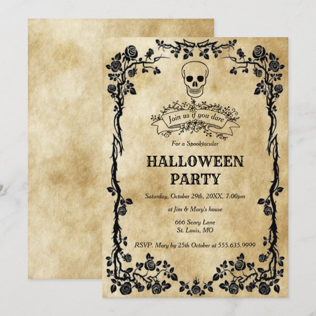 Invitation Soirée d'Halloween du crâne gothique (Devant / Derrière)