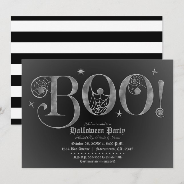 Invitation Soirée d'Halloween en argent et noir (Devant / Derrière)