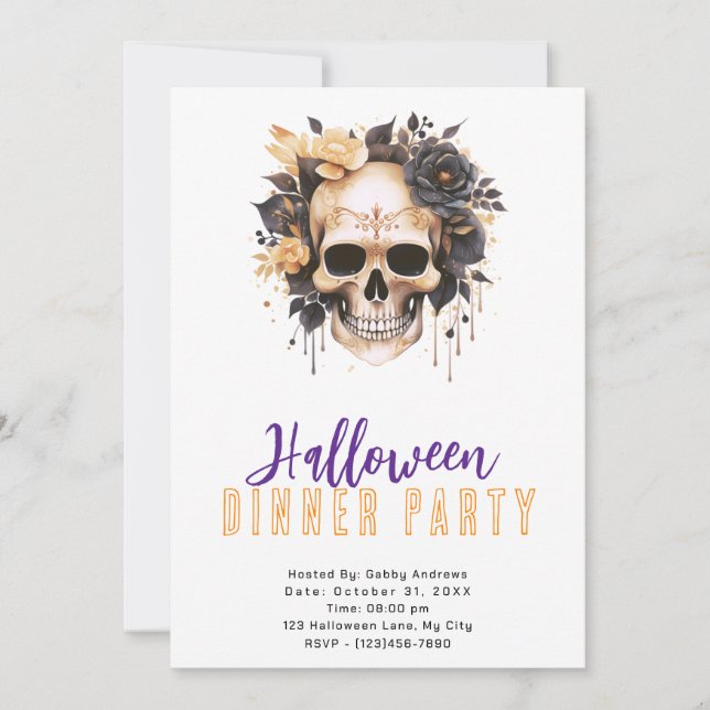 Invitation Soirée d'Halloween en or crâne et en Rose noir (Devant)
