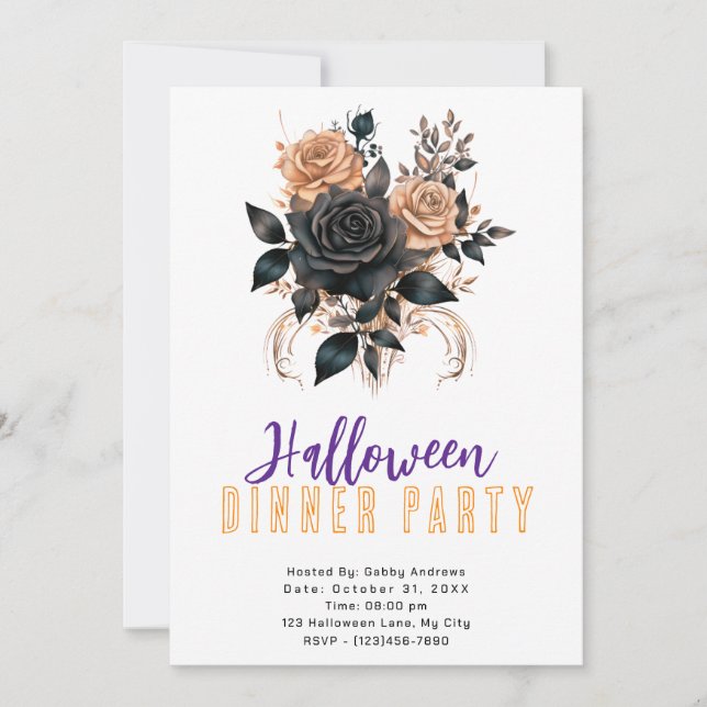 Invitation Soirée d'Halloween gothique Rose Noire & Or (Devant)