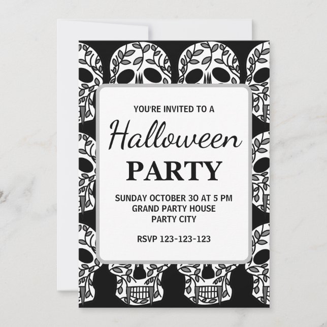 Invitation Soirée d'Halloween noir et blanc (Devant)