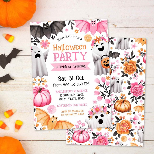 Invitation Soirée d'Halloween pour les Fantômes mignons et le (Cute Ghosts Halloween Party & Trick or Treating Invitation)