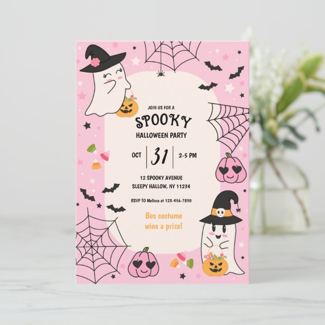 Invitation Soirée d'Halloween rose (Debout devant)