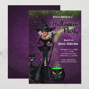 Invitation Soirée d'Halloween Sorcière Glam en Noir Vert Viol