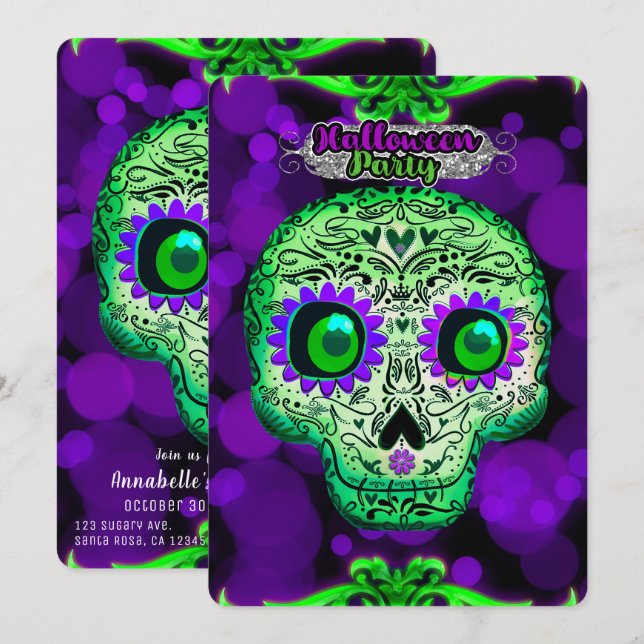 Invitation Soirée d'Halloween verte et violette (Devant / Derrière)