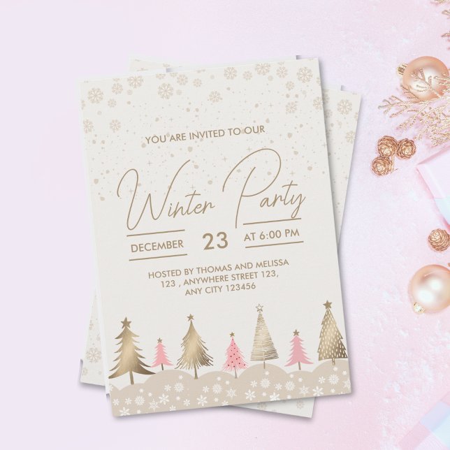Invitation Soirée d'hiver Elégante Pink Gold Pine Tree (Créateur téléchargé)