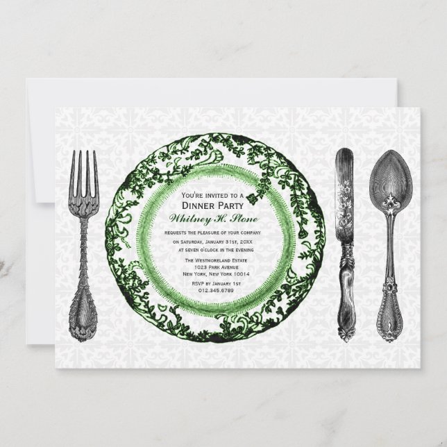 Invitation Soirée Dîner Vert Blanc Et Fin (Devant)