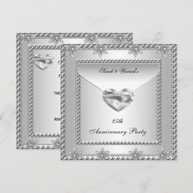 Invitation Soirée du 25e anniversaire Bijou de coeur blanc ar (Devant / Derrière)