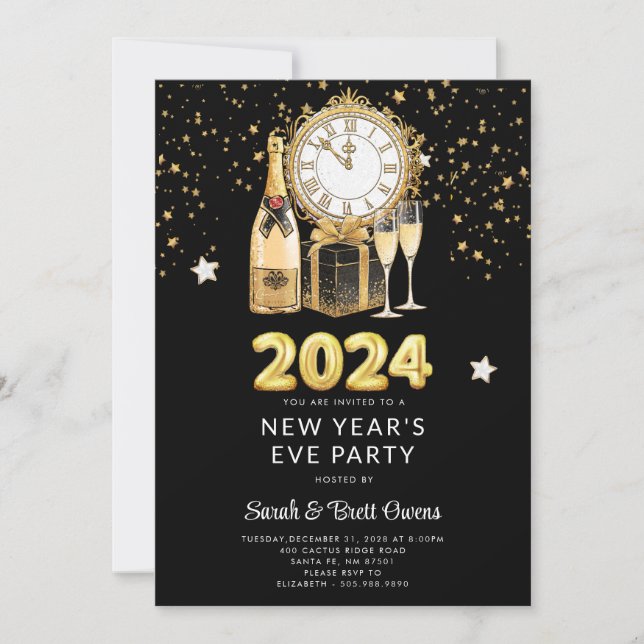 Invitation Soirée du Nouvel An 2023 Étoiles de Champagne d'Or (Devant)
