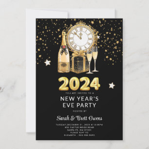 Invitation Soirée du Nouvel An 2023 Étoiles de Champagne d'Or